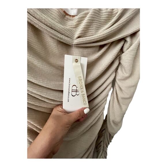Bronx and Banco Amara Midi Dress Ruched Off the Shoulder Linen Neutral M/US 6 - Picture 8 of 16